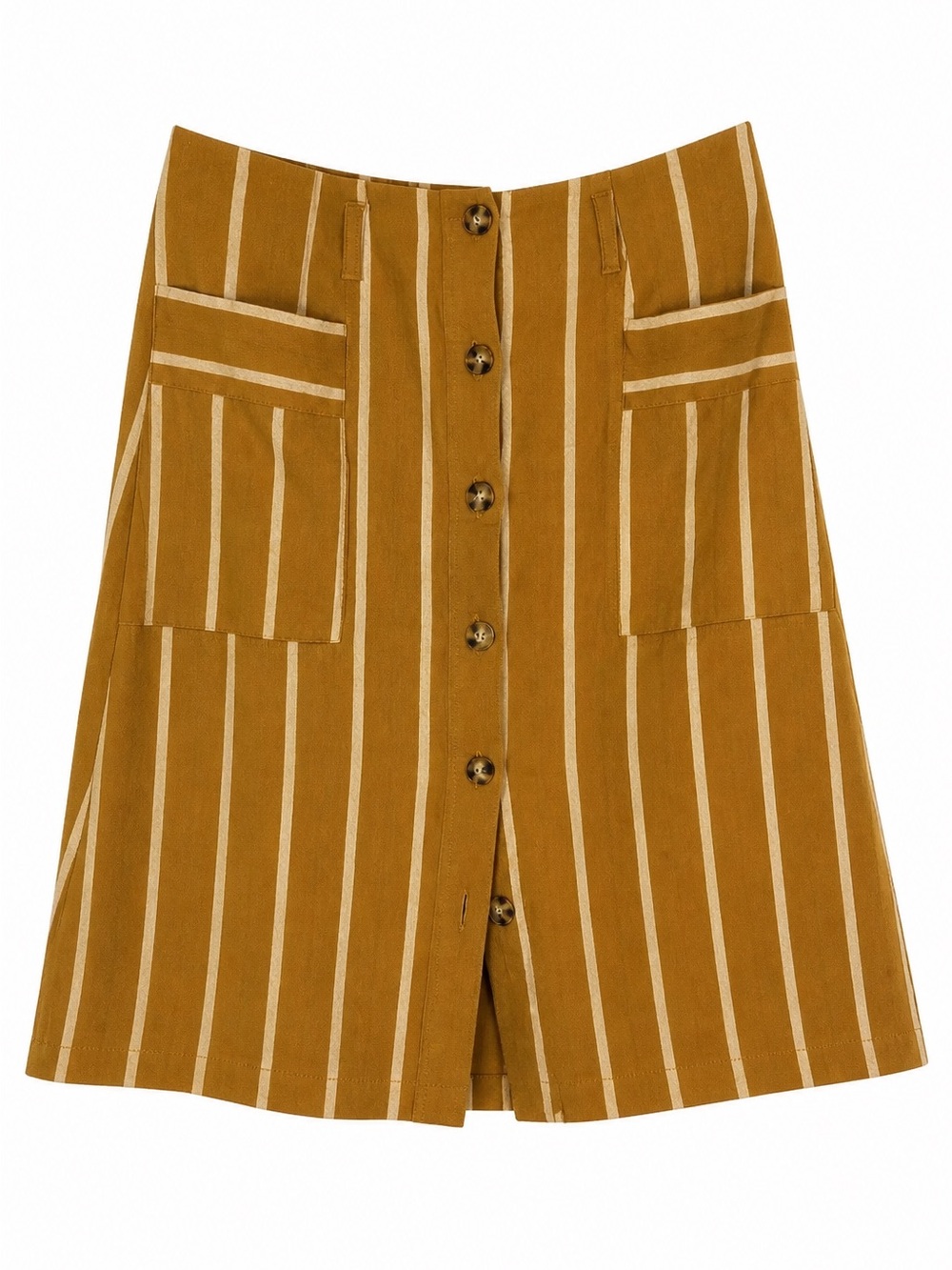 Linen & Cotton Women's A-Line Button-Front Stripe Skirt in Mustard and Tan